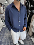 Navy Blue Basic Tencel Oversize Shirt JJ-171