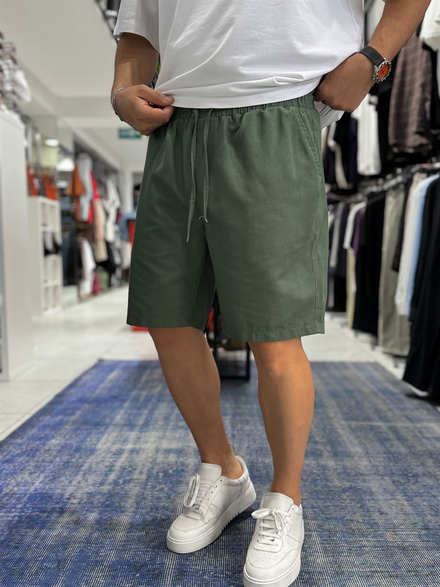 Green Linen Textured Basic Shorts LNS-3123
