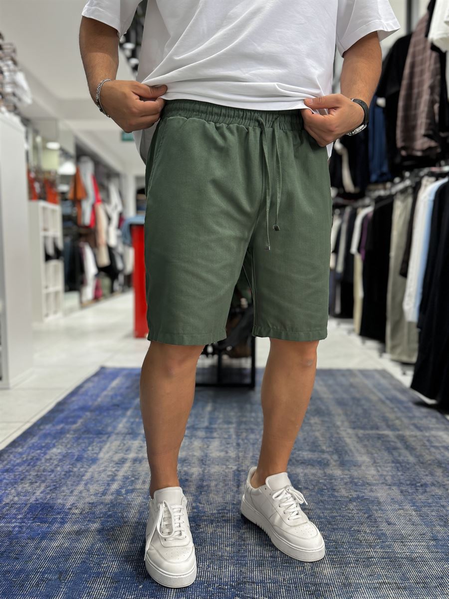 Green Linen Textured Basic Shorts LNS-3123