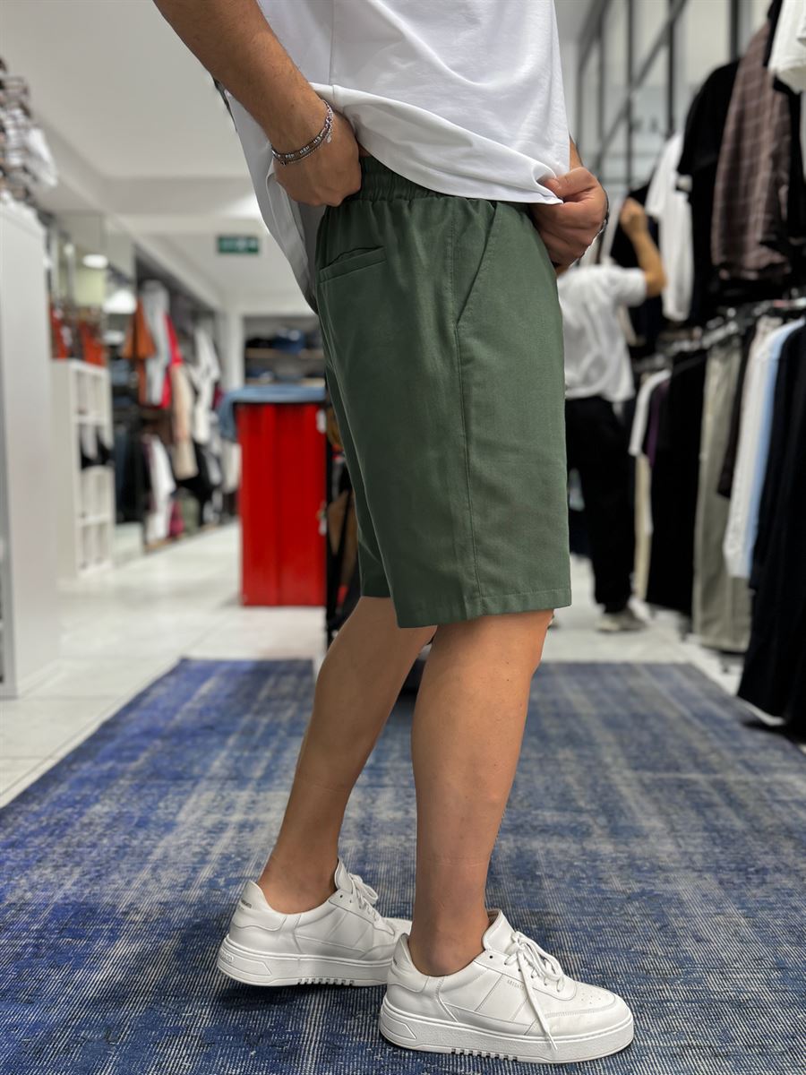 Green Linen Textured Basic Shorts LNS-3123