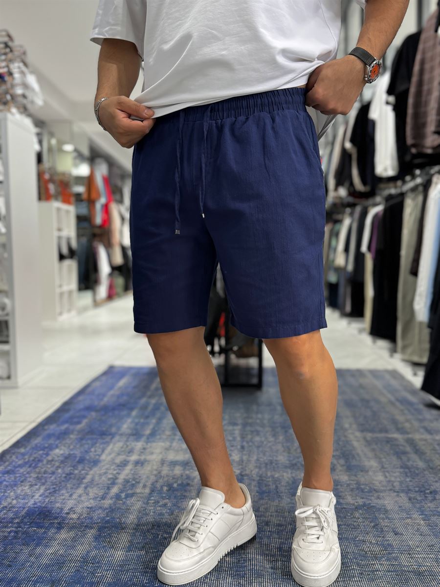 Navy Linen Textured Basic Shorts LNS-3123