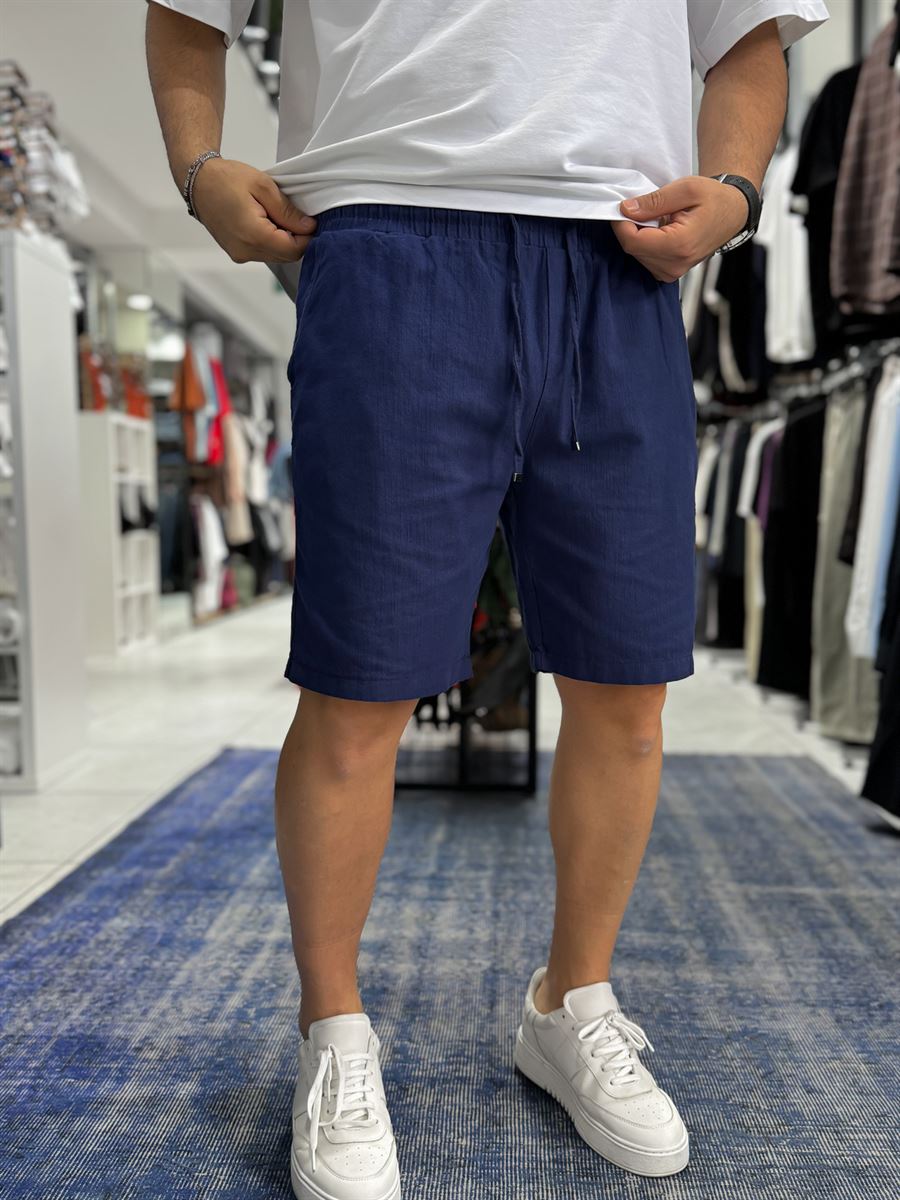 Navy Linen Textured Basic Shorts LNS-3123