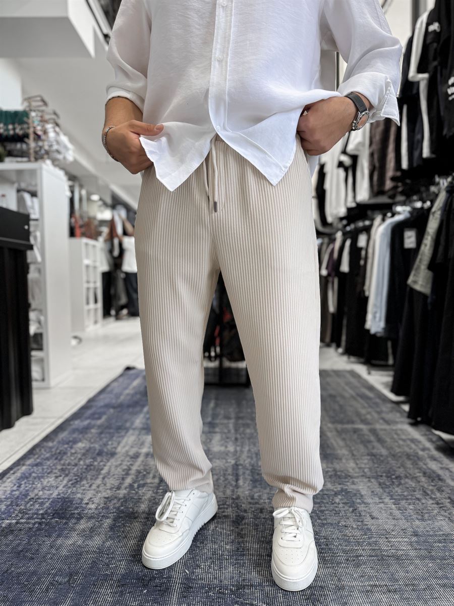 Beige Cropped Hem Ribbed Regular Fit Trousers LNS-2062