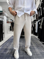 Beige Cropped Hem Ribbed Regular Fit Trousers LNS-2062