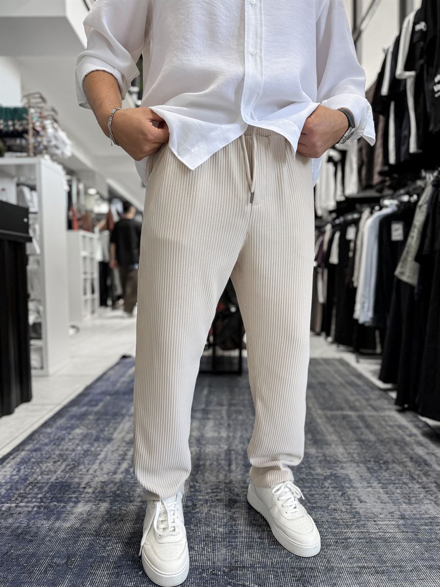 Beige Cropped Hem Ribbed Regular Fit Trousers LNS-2062