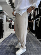 Beige Cropped Hem Ribbed Regular Fit Trousers LNS-2062