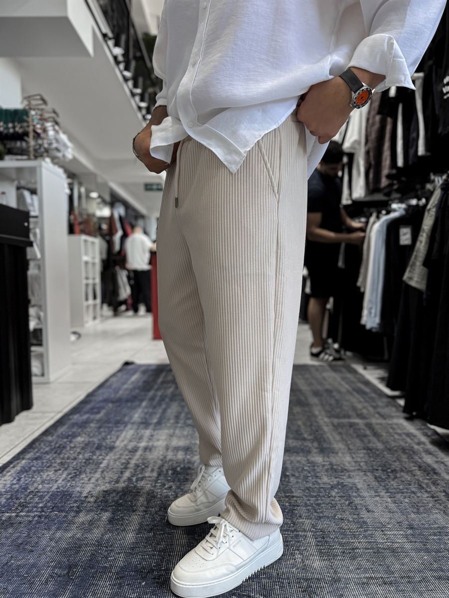 Beige Cropped Hem Ribbed Regular Fit Trousers LNS-2062