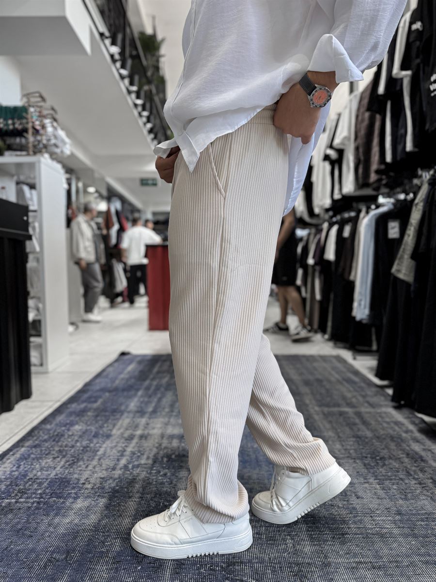 Beige Cropped Hem Ribbed Regular Fit Trousers LNS-2062