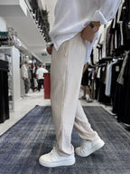 Beige Cropped Hem Ribbed Regular Fit Trousers LNS-2062