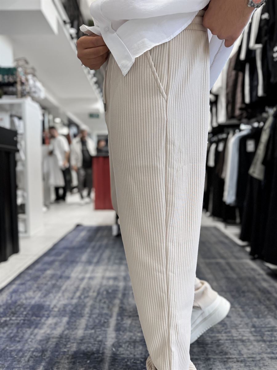 Beige Cropped Hem Ribbed Regular Fit Trousers LNS-2062