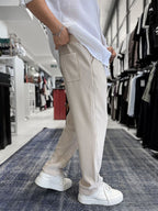Beige Cropped Hem Ribbed Regular Fit Trousers LNS-2062