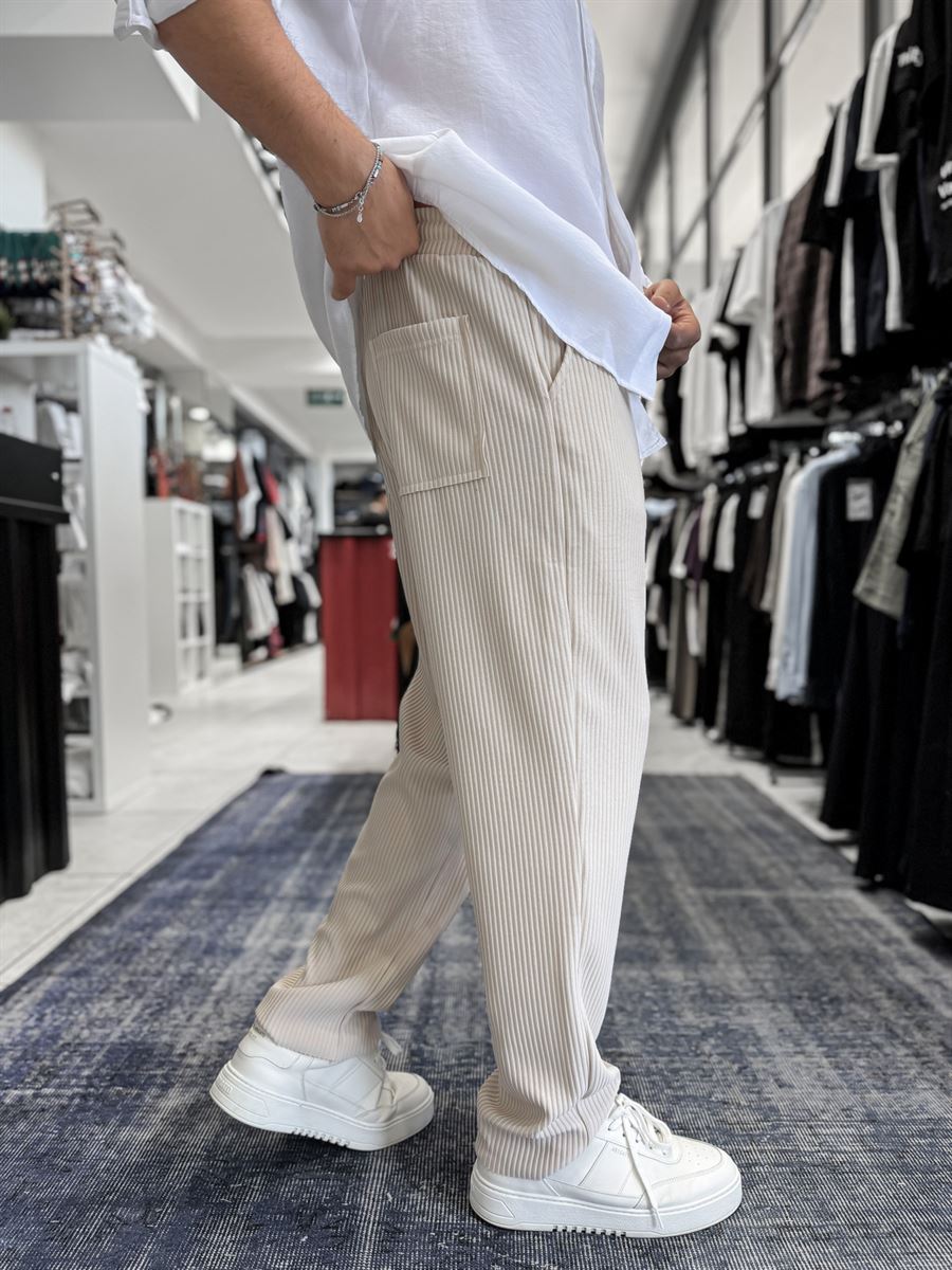 Beige Cropped Hem Ribbed Regular Fit Trousers LNS-2062