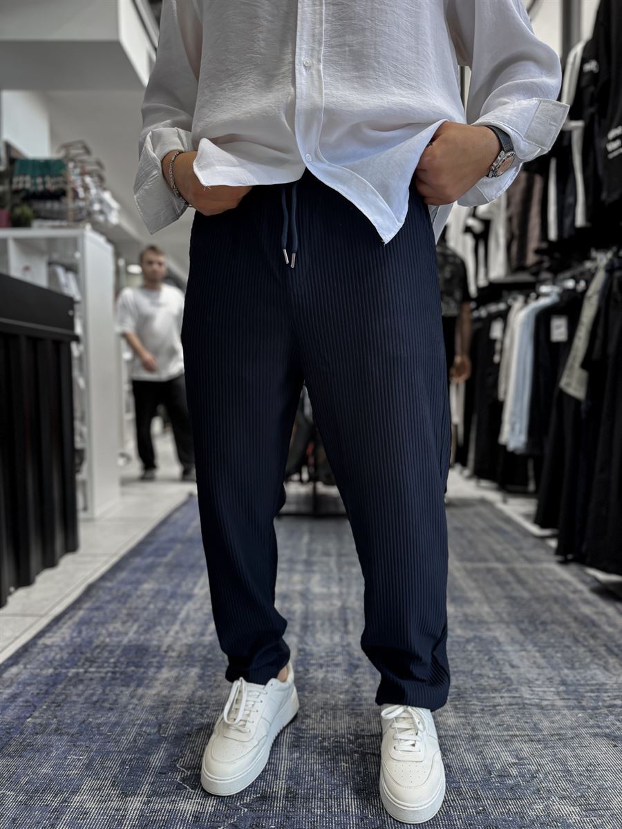 Navy Blue Cropped Hem Ribbed Regular Fit Trousers LNS-2062