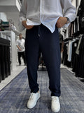 Navy Blue Cropped Hem Ribbed Regular Fit Trousers LNS-2062