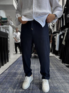 Navy Blue Cropped Hem Ribbed Regular Fit Trousers LNS-2062