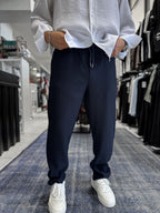 Navy Blue Cropped Hem Ribbed Regular Fit Trousers LNS-2062