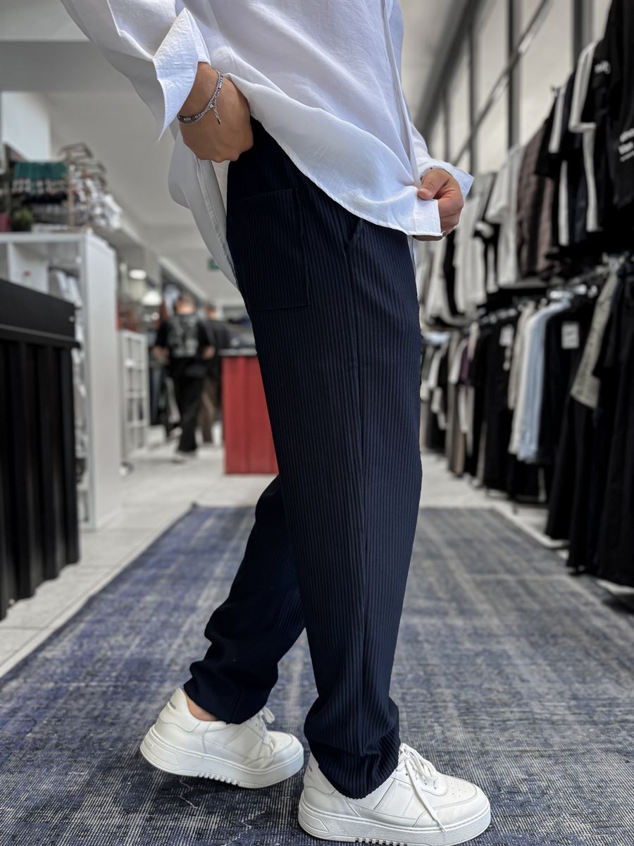 Navy Blue Cropped Hem Ribbed Regular Fit Trousers LNS-2062