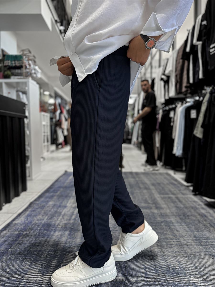 Navy Blue Cropped Hem Ribbed Regular Fit Trousers LNS-2062
