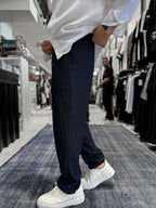 Navy Blue Cropped Hem Ribbed Regular Fit Trousers LNS-2062