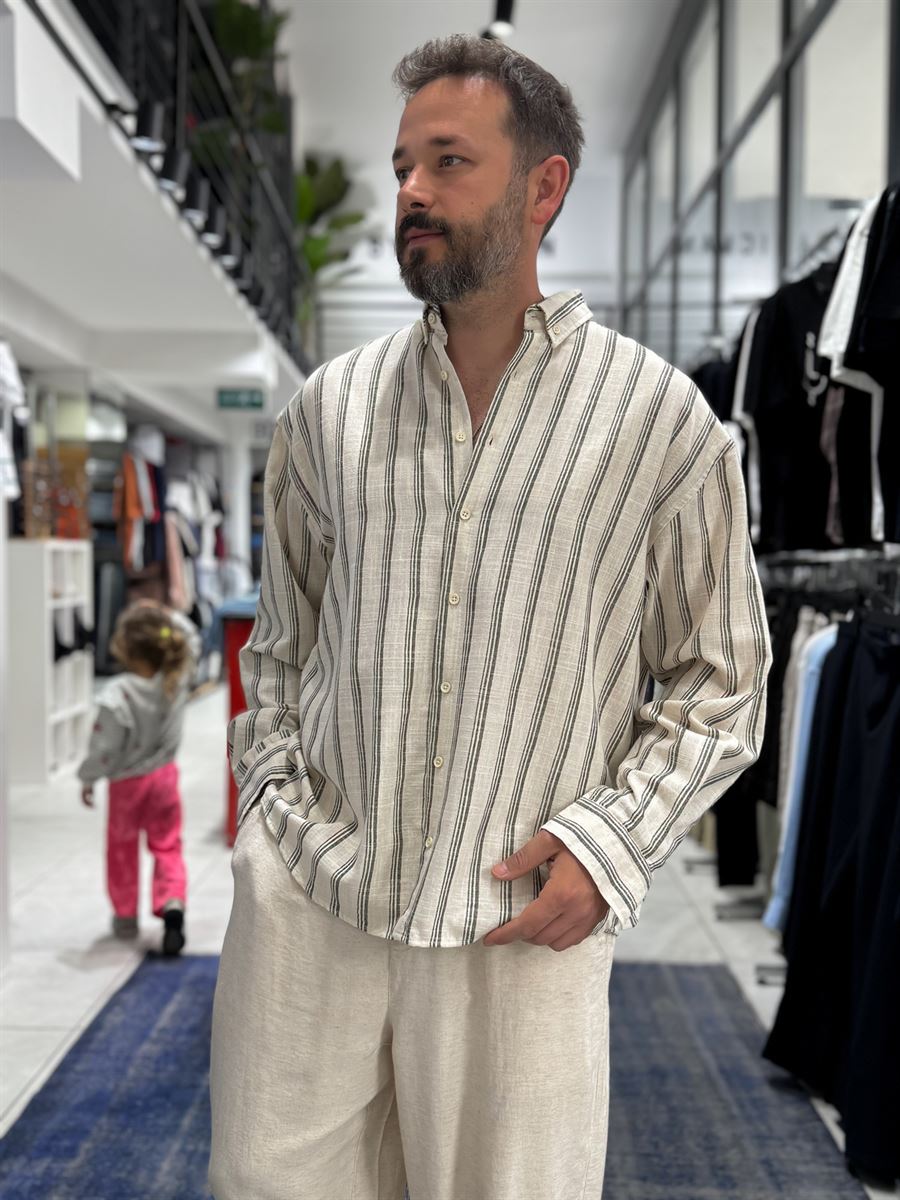 Khaki Striped Linen Textured Shirt LNS-9844