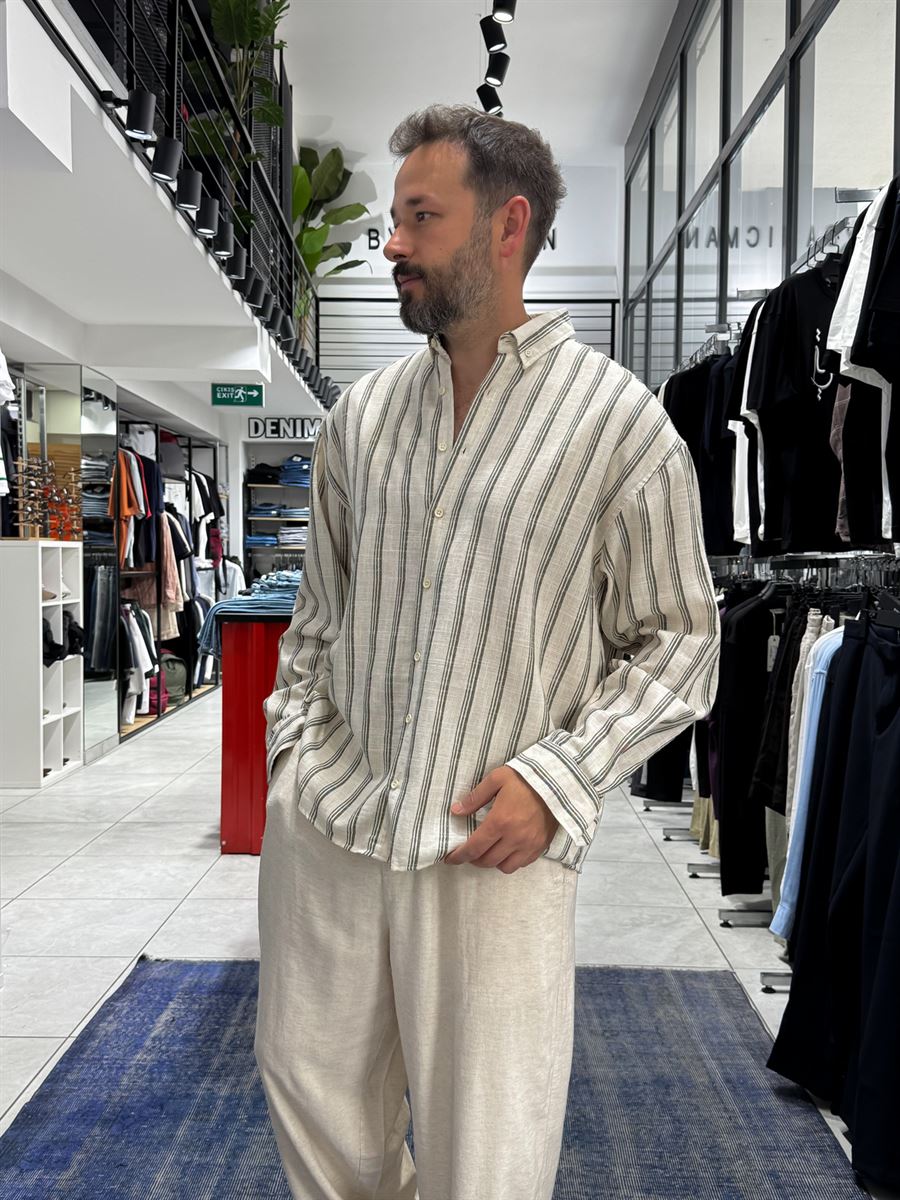Khaki Striped Linen Textured Shirt LNS-9844