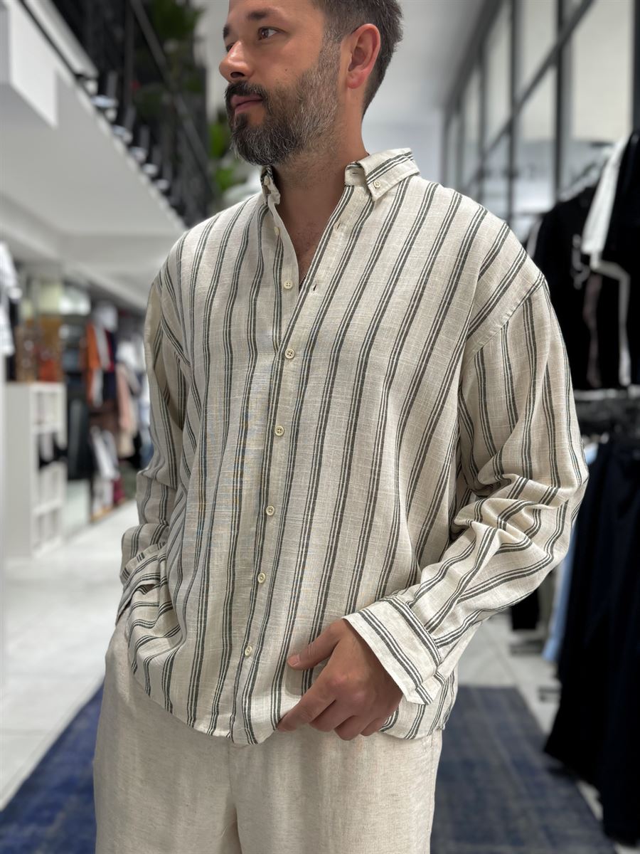 Khaki Striped Linen Textured Shirt LNS-9844