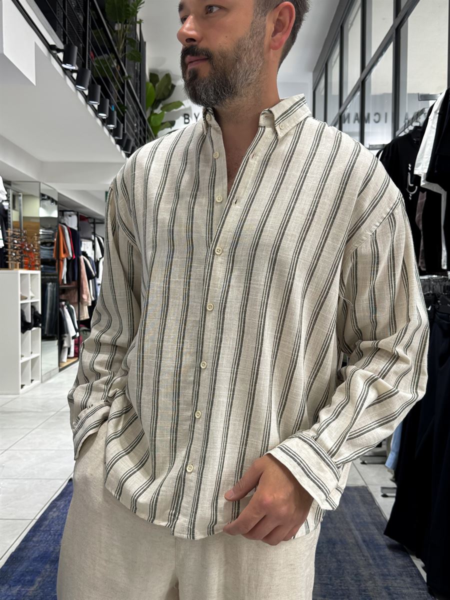 Khaki Striped Linen Textured Shirt LNS-9844