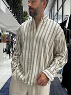 Khaki Striped Linen Textured Shirt LNS-9844