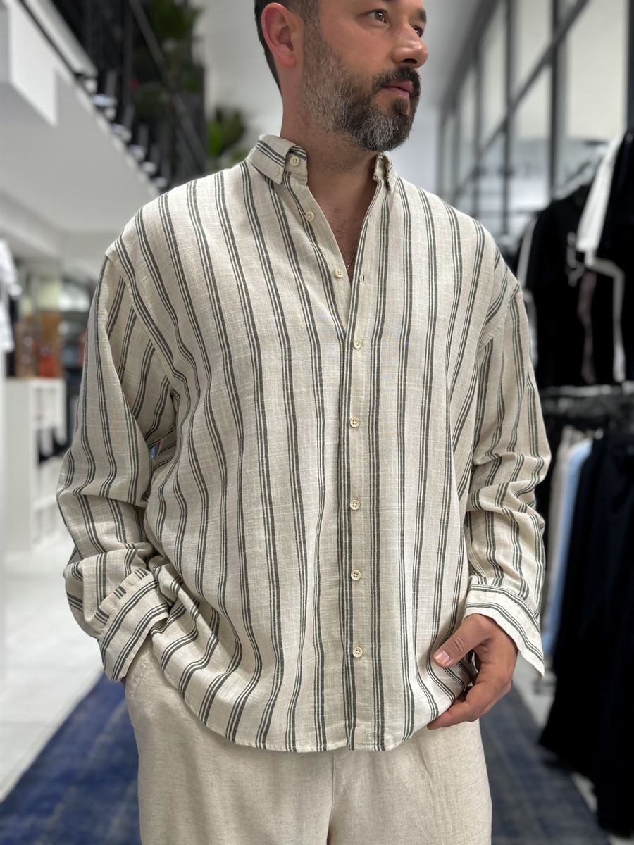 Khaki Striped Linen Textured Shirt LNS-9844