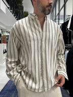 Khaki Striped Linen Textured Shirt LNS-9844