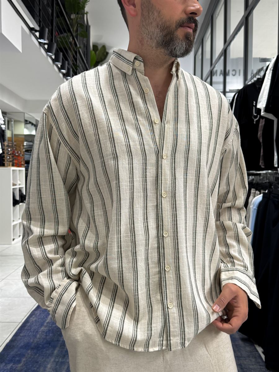 Khaki Striped Linen Textured Shirt LNS-9844