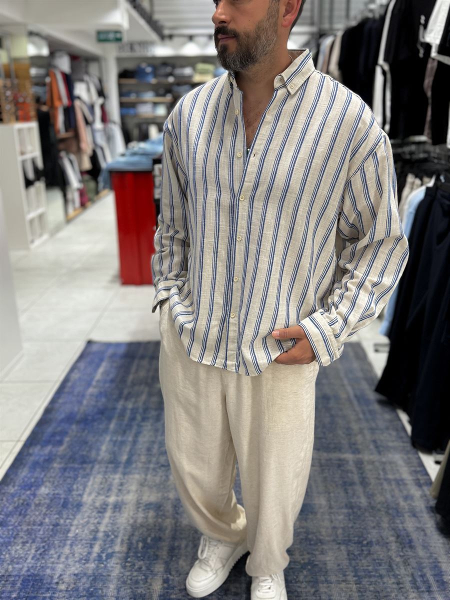 Blue Striped Linen Textured Shirt LNS-9844