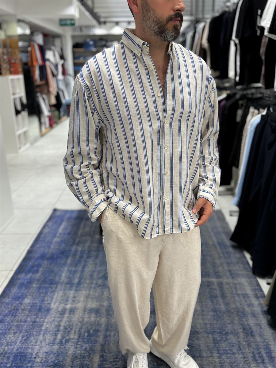 Blue Striped Linen Textured Shirt LNS-9844