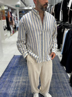 Blue Striped Linen Textured Shirt LNS-9844