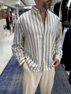 Blue Striped Linen Textured Shirt LNS-9844