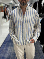 Blue Striped Linen Textured Shirt LNS-9844