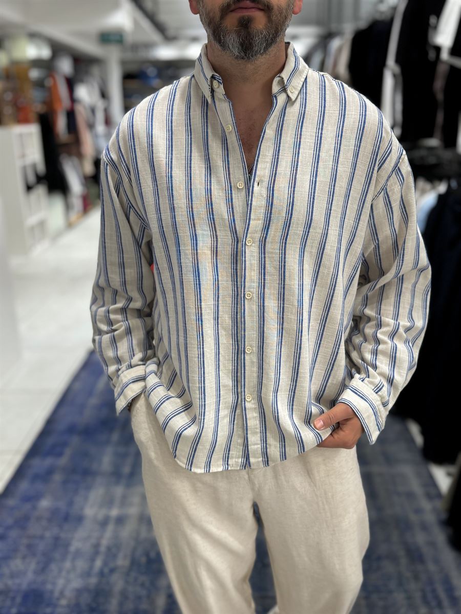 Blue Striped Linen Textured Shirt LNS-9844
