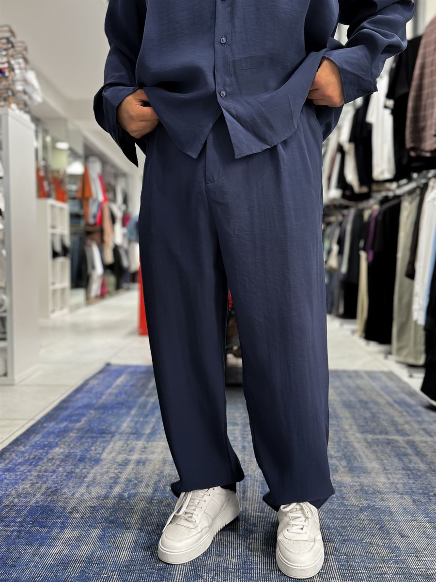 Navy Blue Pleated Tencel Baggy Pants TW-1177