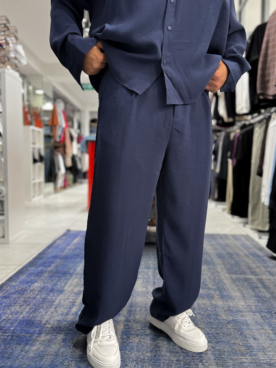 Navy Blue Pleated Tencel Baggy Pants TW-1177