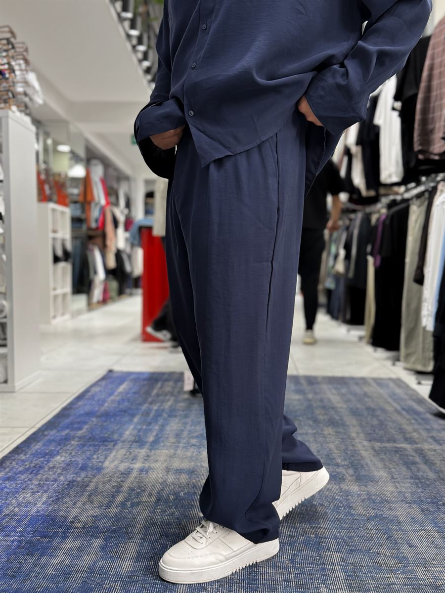 Navy Blue Pleated Tencel Baggy Pants TW-1177