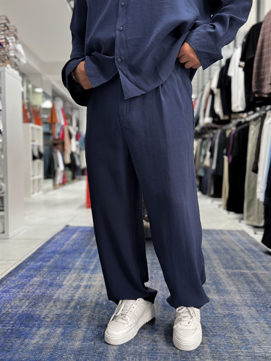 Navy Blue Pleated Tencel Baggy Pants TW-1177