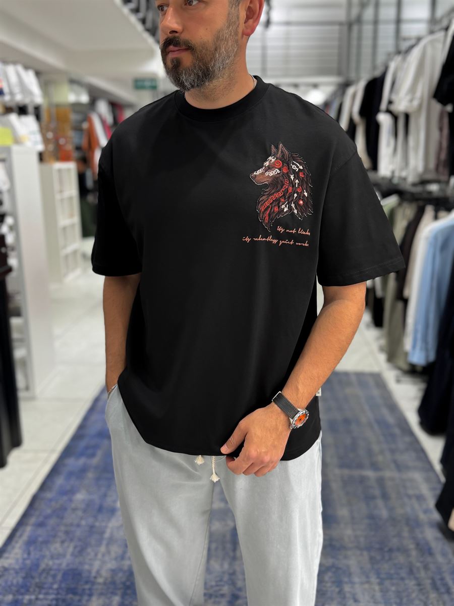 Black Wolf Embroidered Oversize T-Shirt SW-5158