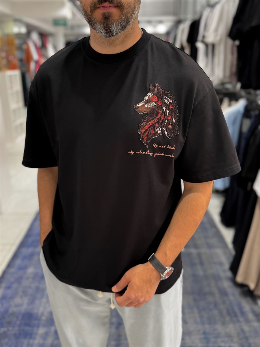 Black Wolf Embroidered Oversize T-Shirt SW-5158