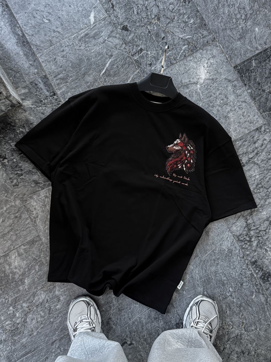 Black Wolf Embroidered Oversize T-Shirt SW-5158