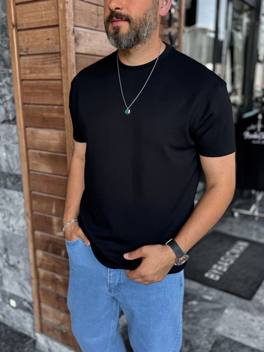 Black Modal Fabric Lycra Slim Fit T-Shirt BY