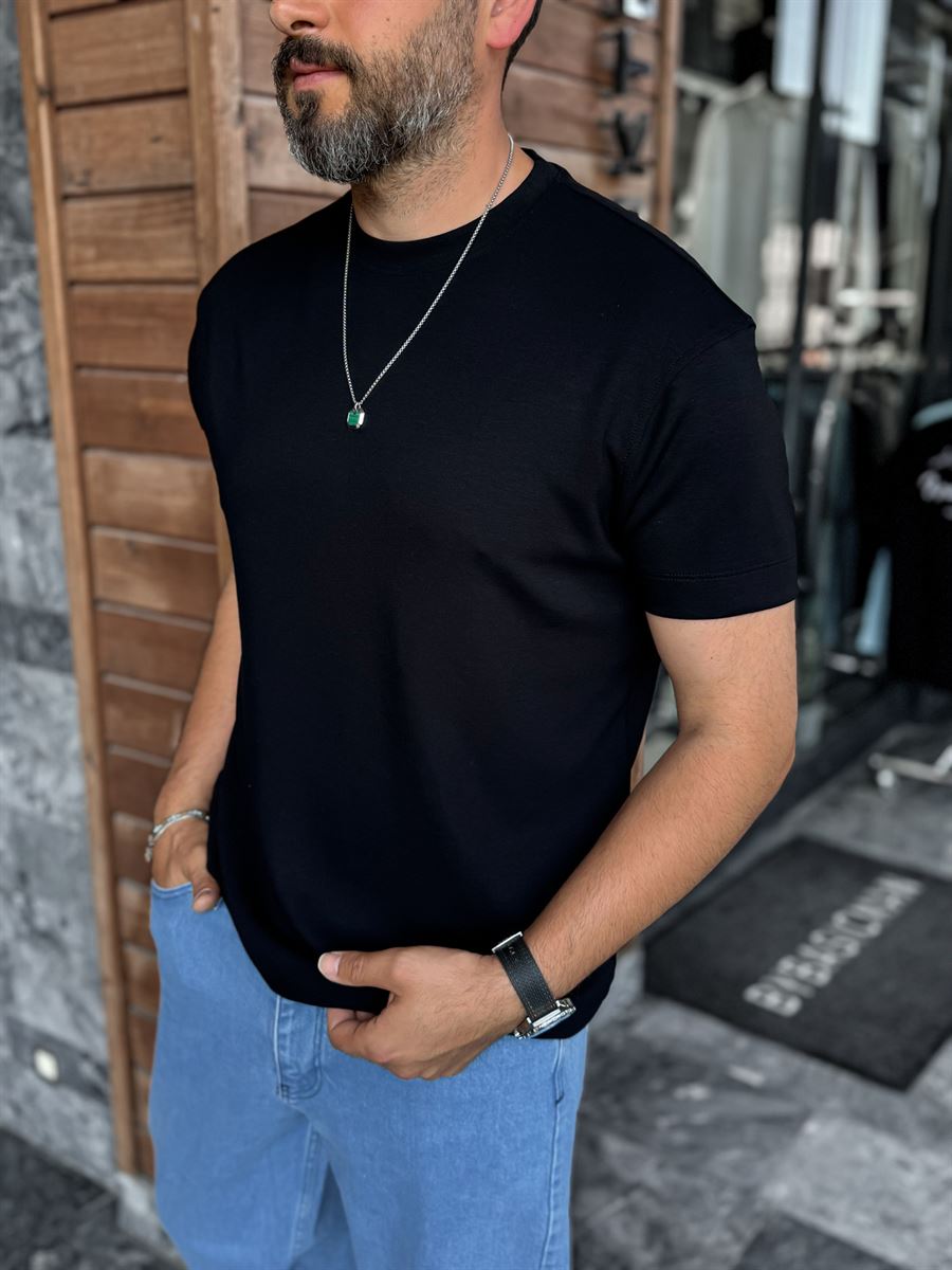 Black Modal Fabric Lycra Slim Fit T-Shirt BY