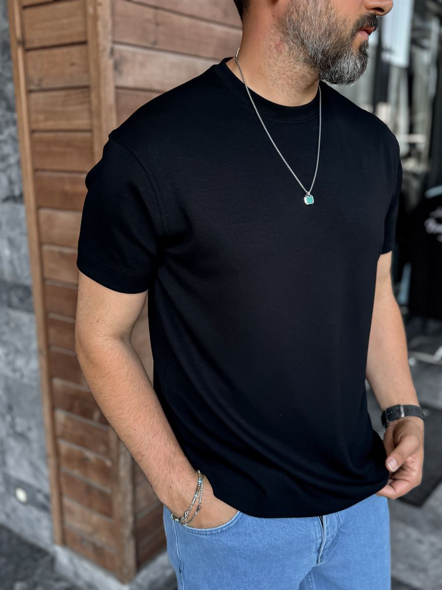 Black Modal Fabric Lycra Slim Fit T-Shirt BY