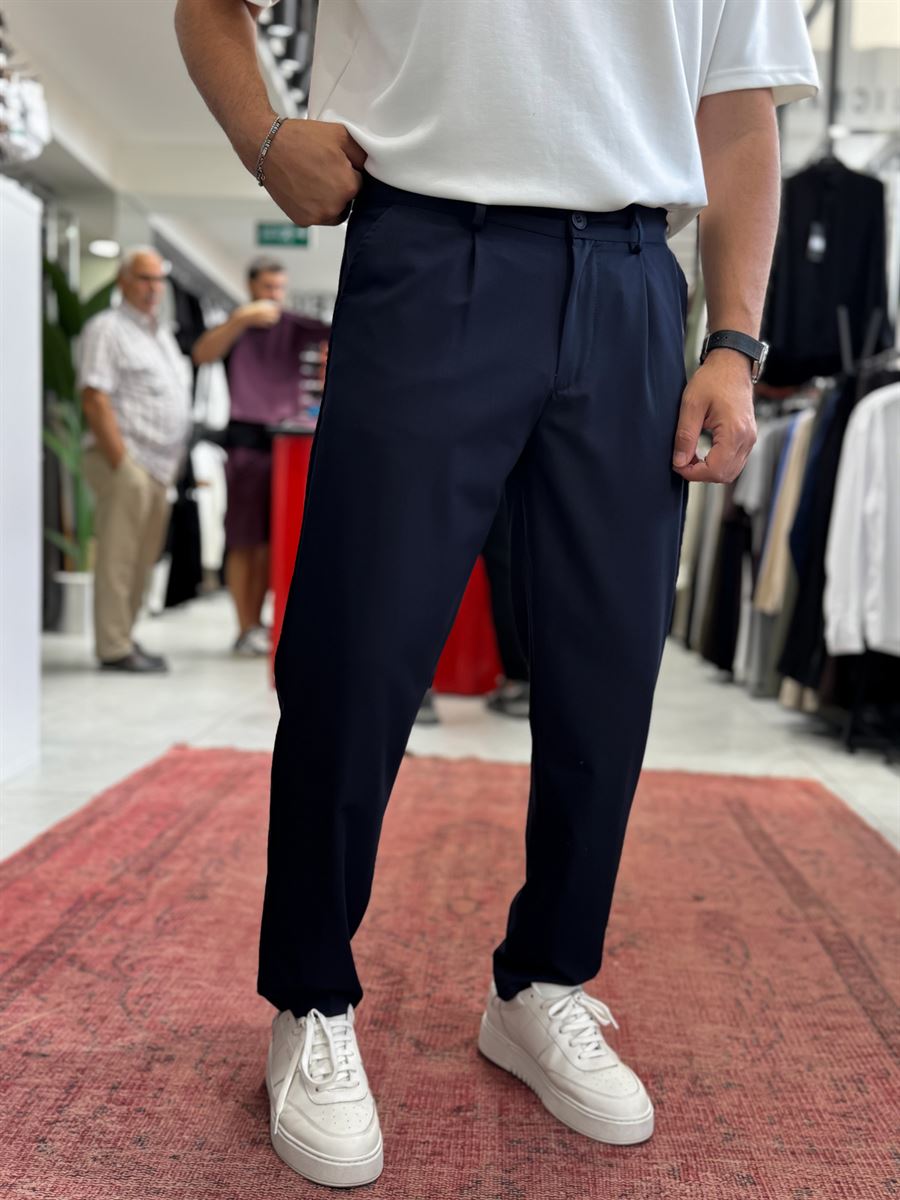 Navy Blue Pleated Slim Trousers TW-1002