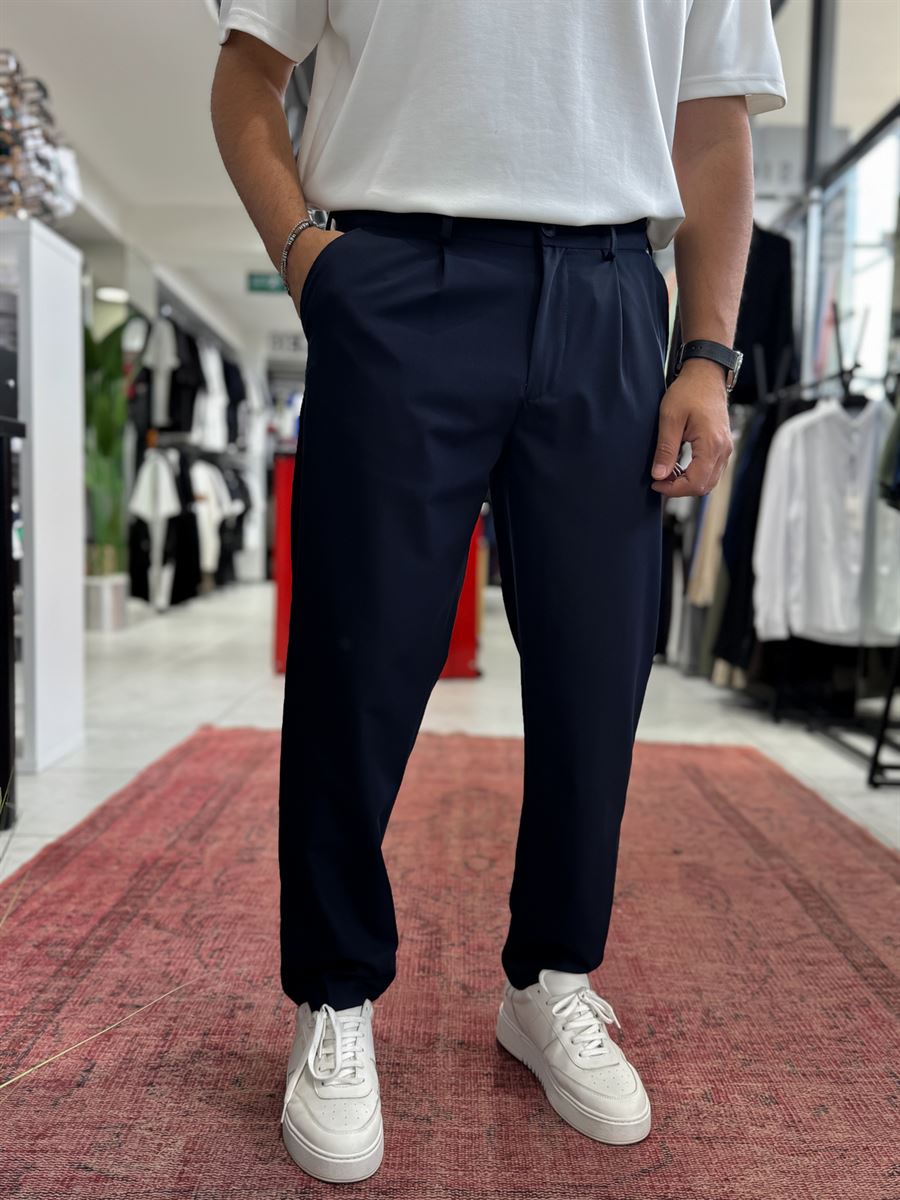 Navy Blue Pleated Slim Trousers TW-1002