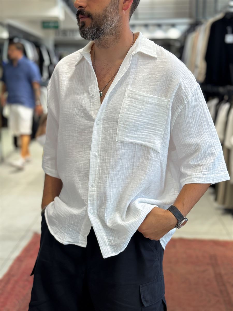 White Pocketed Muslin Short-Sleeved Shirt TW-1116